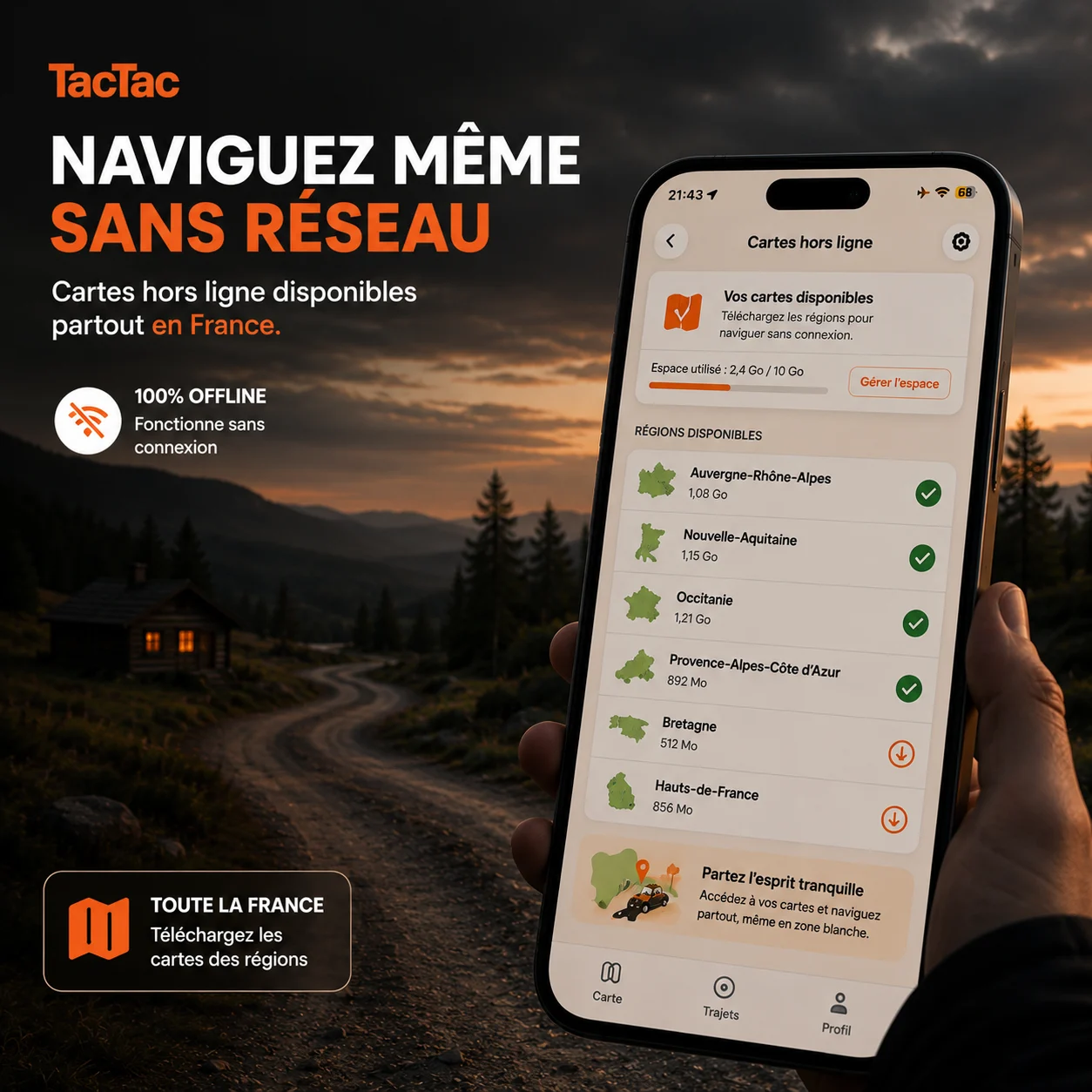 Cartes hors ligne disponibles partout en France, navigation sans réseau