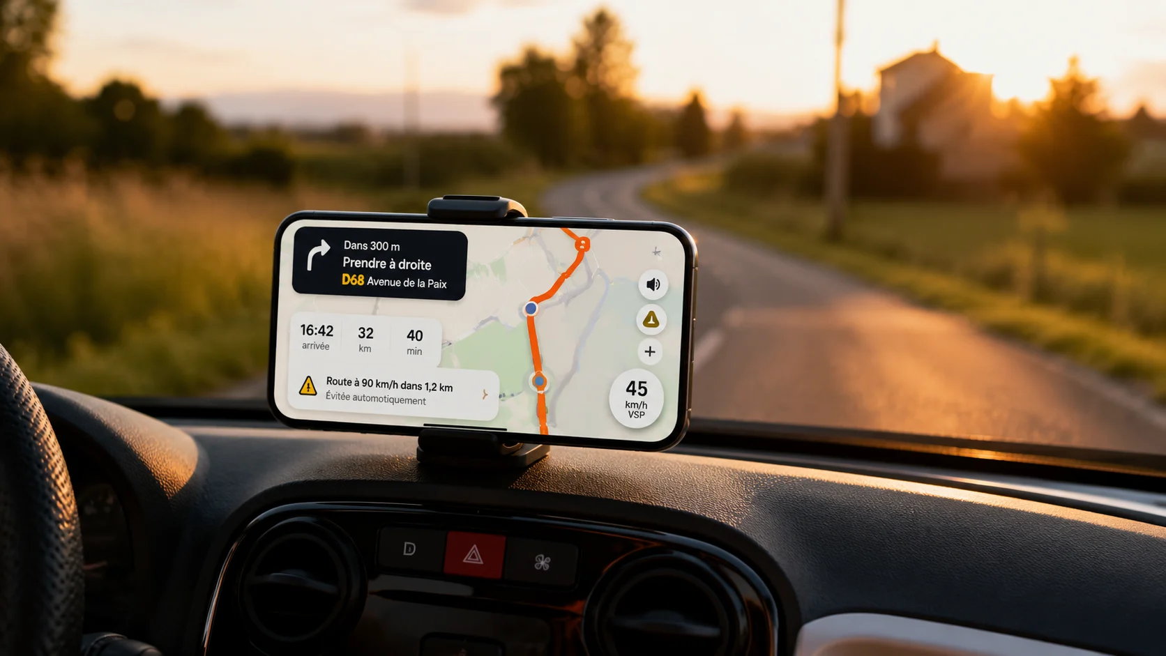 L'app TacTac sur le tableau de bord d'une voiture sans permis, itinéraire adapté 45 km/h